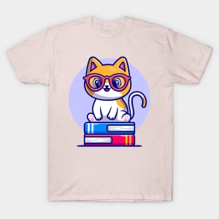 Cute Cat Sitting On Book Stack Cartoon T-Shirt